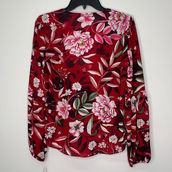 Bar III Women's Top S Faux-Wrap Long Sleeve V Neck Blouse Red Floral S - Picture 3 of 10